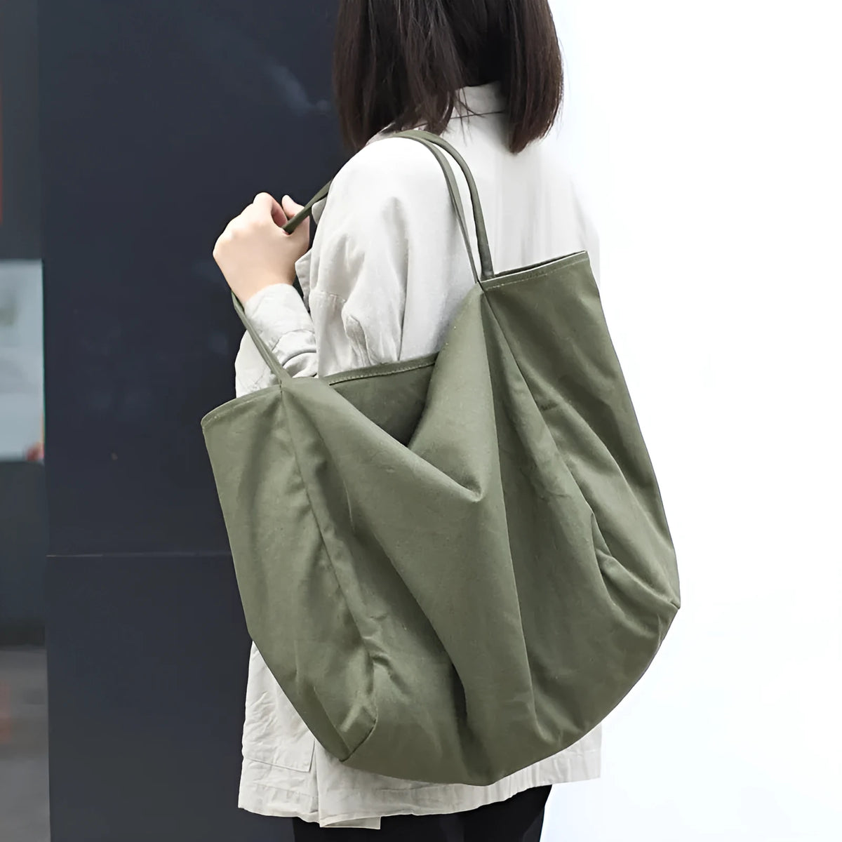 Mori artistic canvas shoulder bag in green black brown or creamy white with double straps and phone pocket