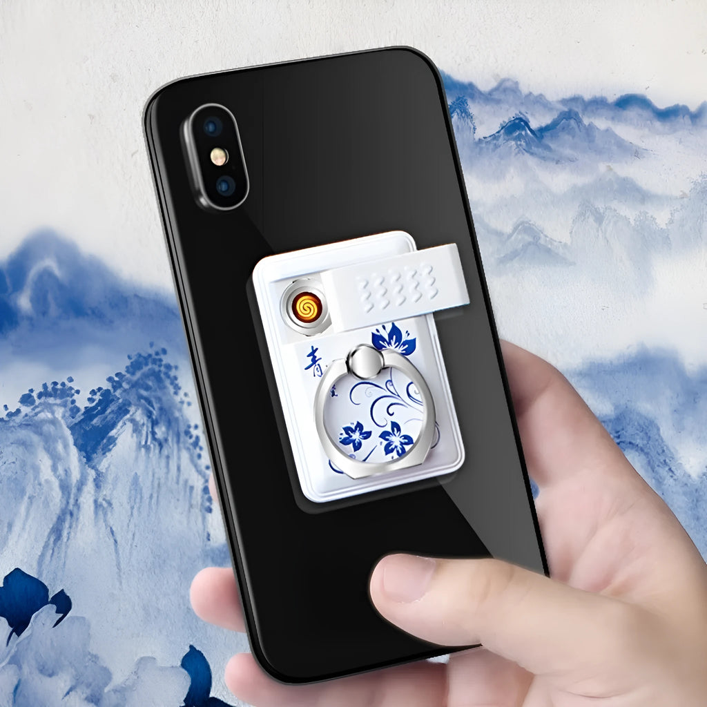 Multi functional portable phone holder cigarette lighter in blue and white porcelain plastic with wind resistant lighter and bracket design