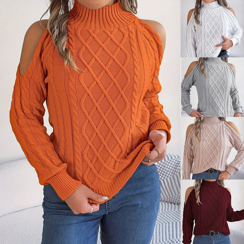 Women's gray strapless collar sweater with twisted pattern and lantern sleeves