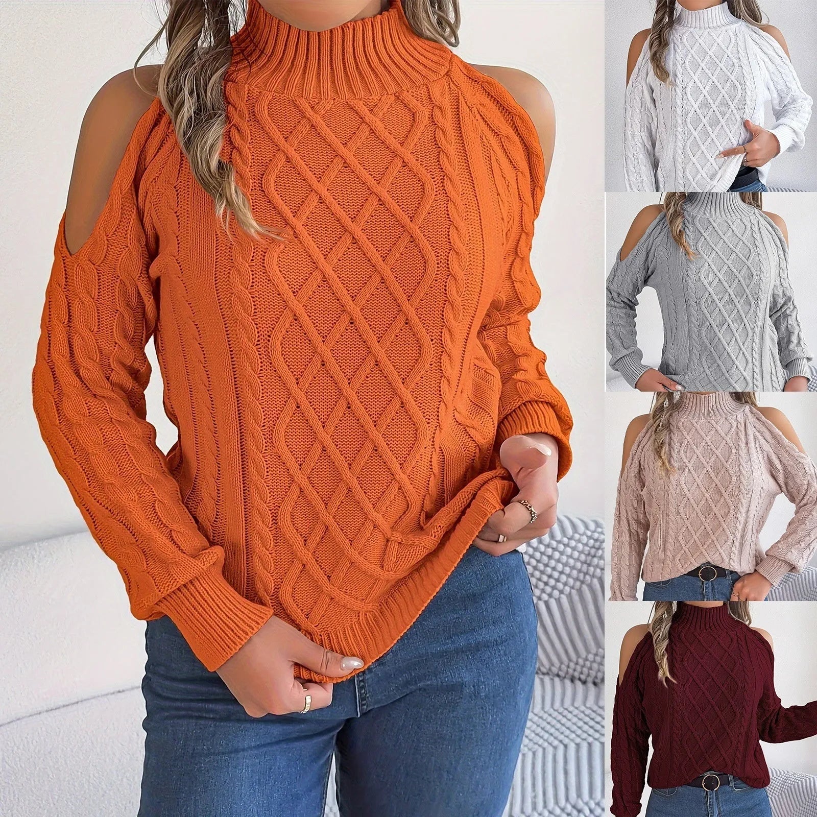 Women's gray strapless collar sweater with twisted pattern and lantern sleeves