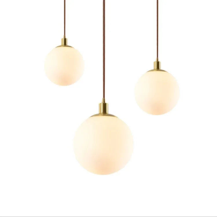 Milk white Nordic round glass chandelier for bedroom bedside, 15-30cm diameter, copper frame