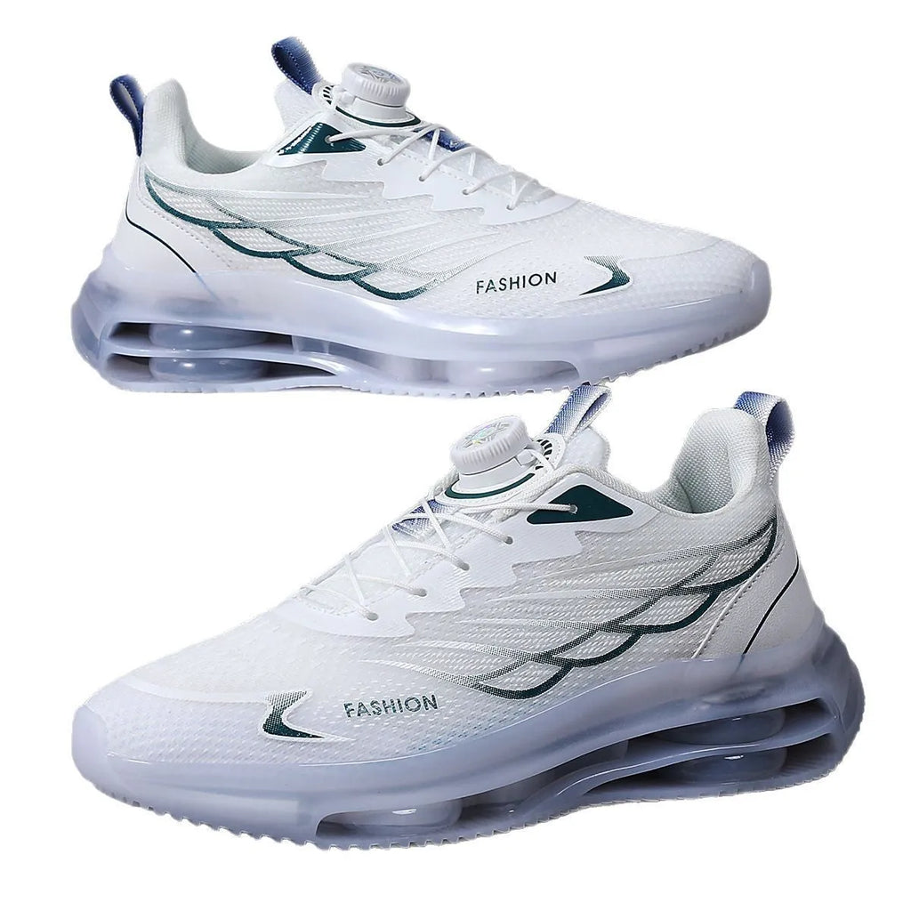 White youth casual shoes with rotating button closure, mesh upper, rubber sole, and lace-up design.