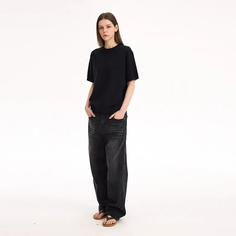 Fanio solid colour velvet short-sleeved T-shirt in Black, Gray, or White