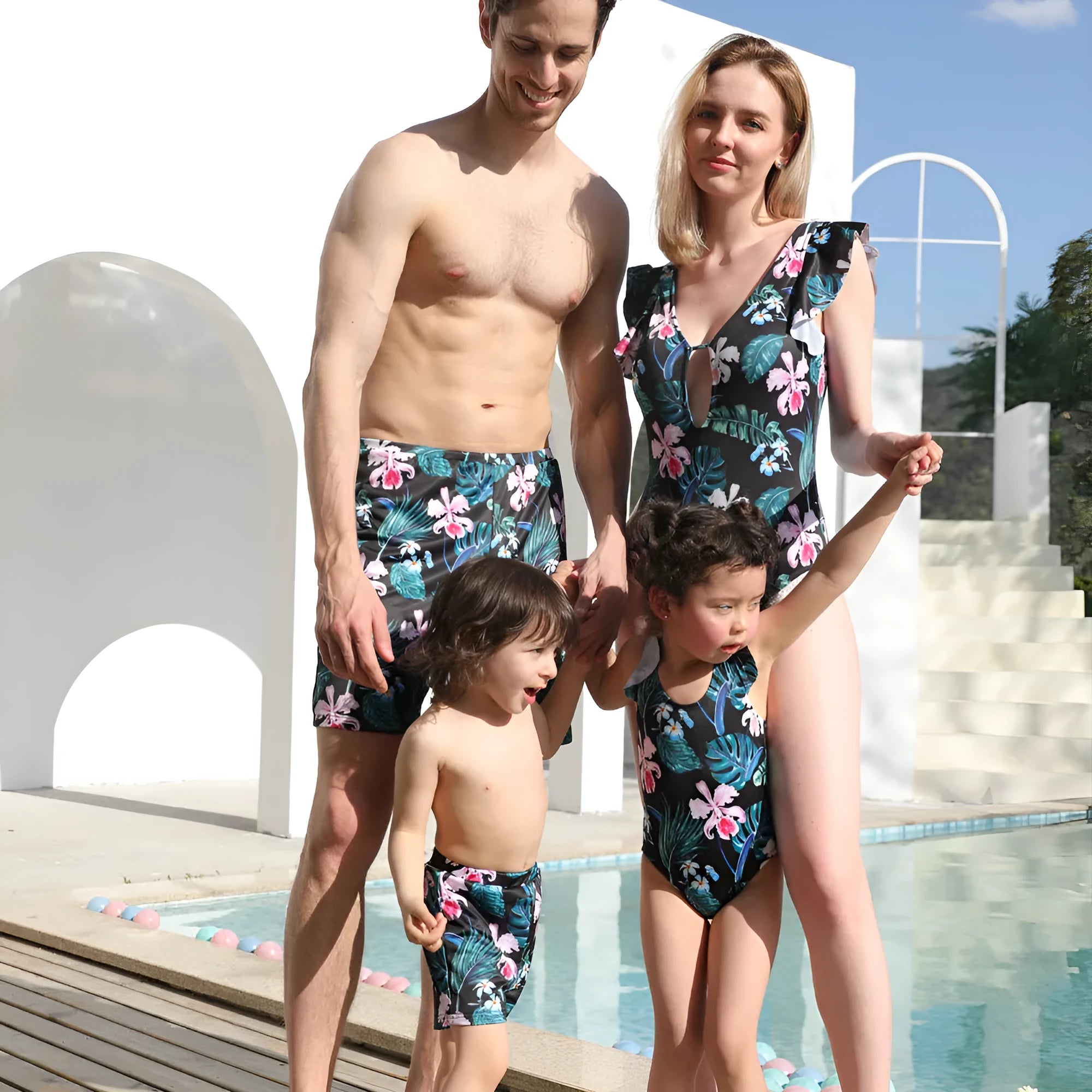 Parent-child quick dry swimsuit set in green, pink, red with polyester acetate blend fabric