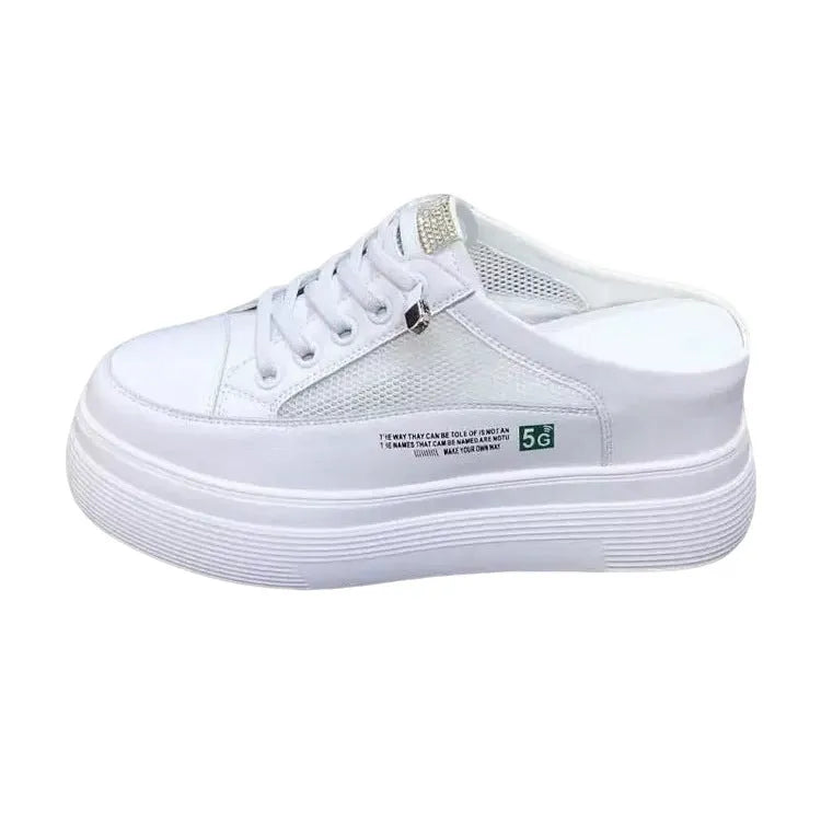 Women's white platform shoes with mesh detail and round toe design