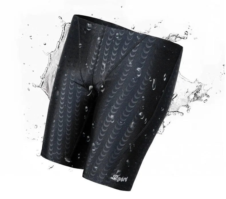 Men's solid colour polyester swimming trunks for beach surfing and swimming, shown in larger sizes.