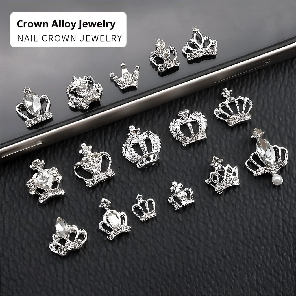 Square diamond-encrusted pearl crown nail decoration in alloy from Princess Series with glitter style