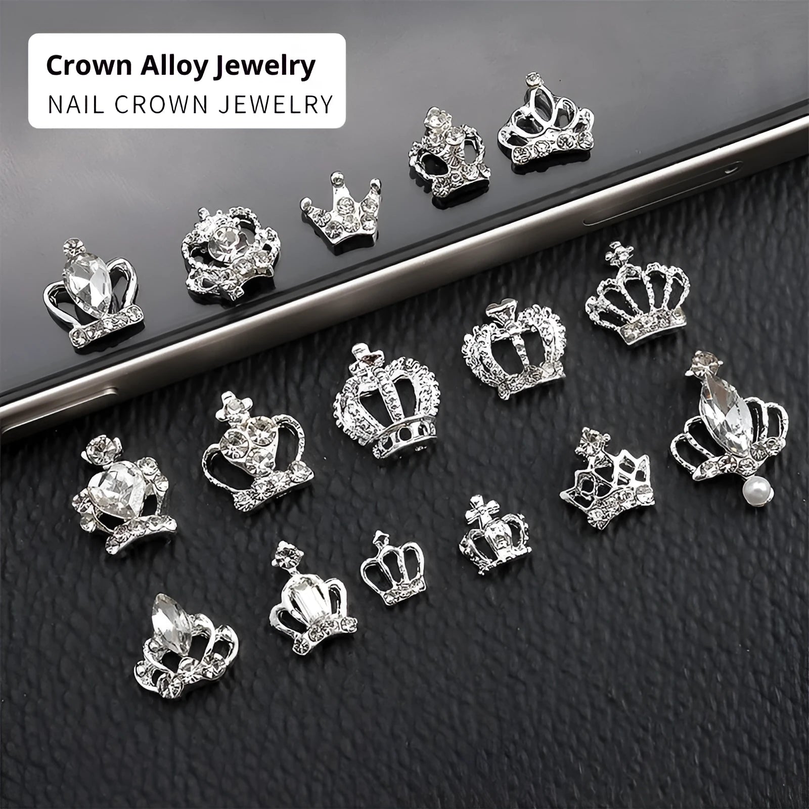 Square diamond-encrusted pearl crown nail decoration in alloy from Princess Series with glitter style