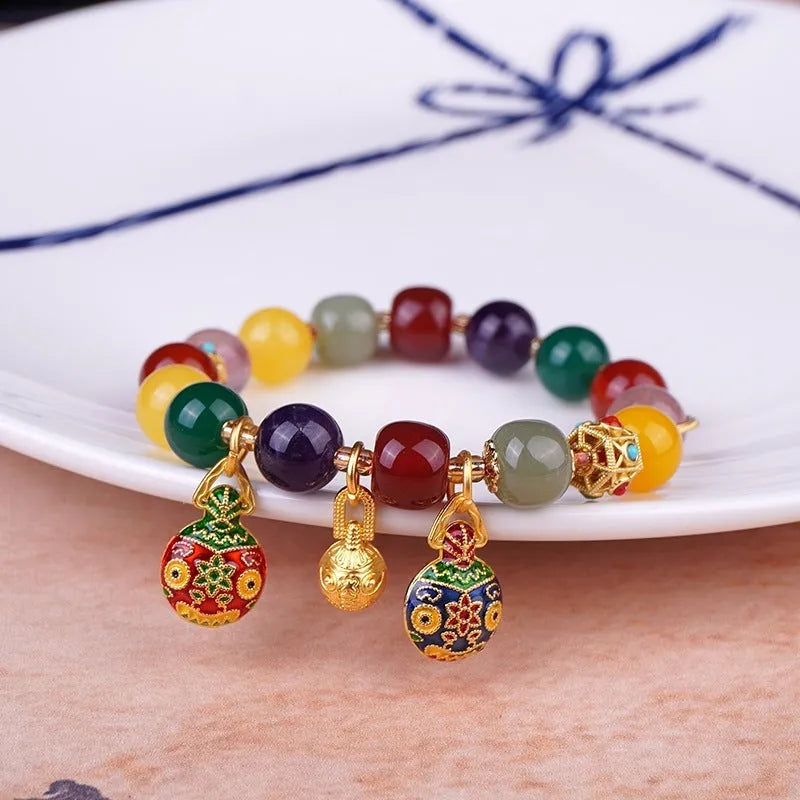 Hand-woven agate bracelet with 10mm Swallowing Gold Beast beads in animal design