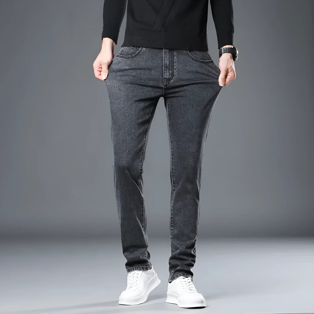 Men's stretch slim straight jeans cotton non-iron zipper fly two colours straight-leg style