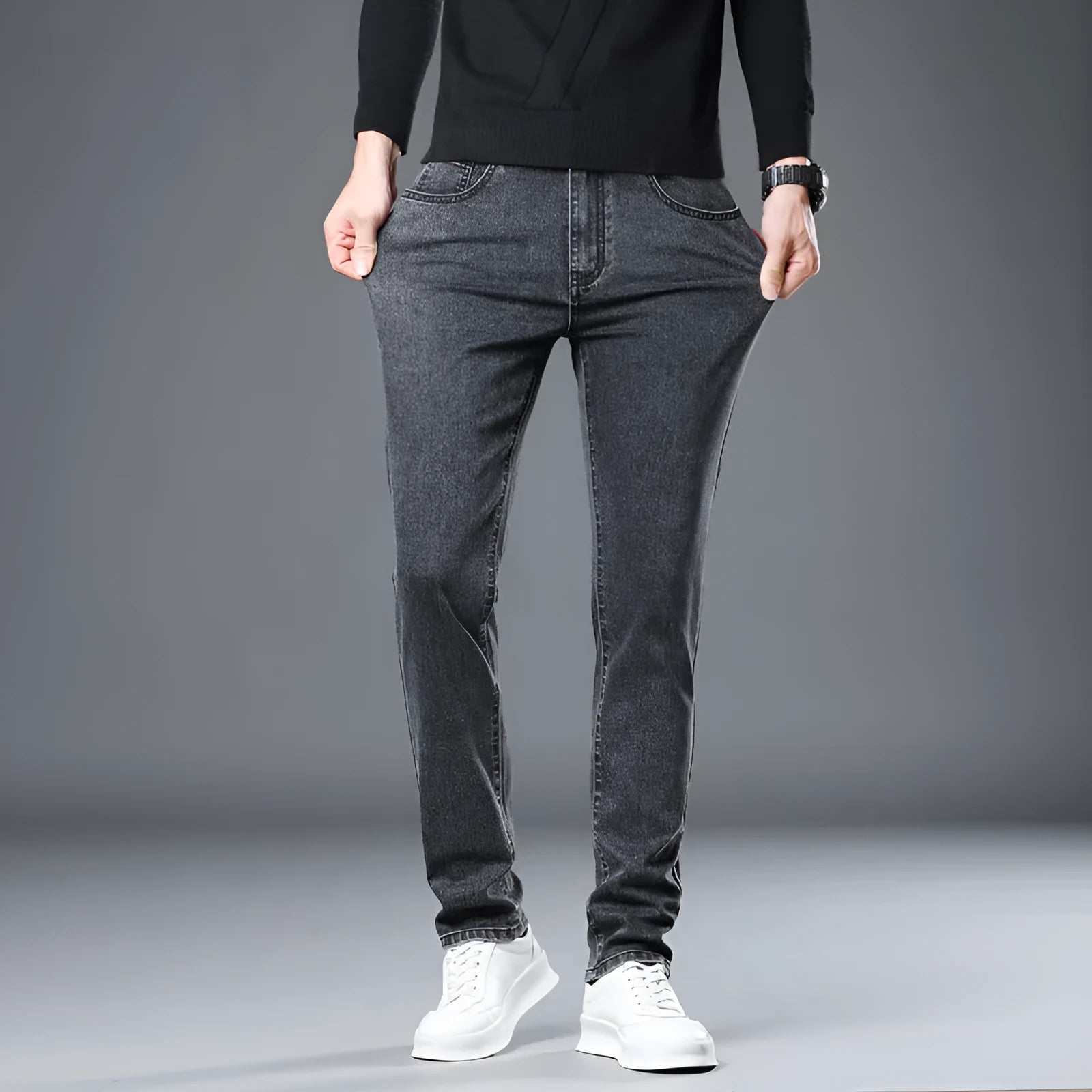 Men's stretch slim straight jeans cotton non-iron zipper fly two colours straight-leg style