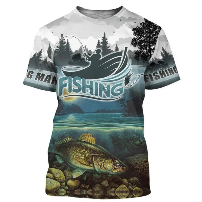 Men's fishing pattern printed t-shirt in loose fit with digital print design