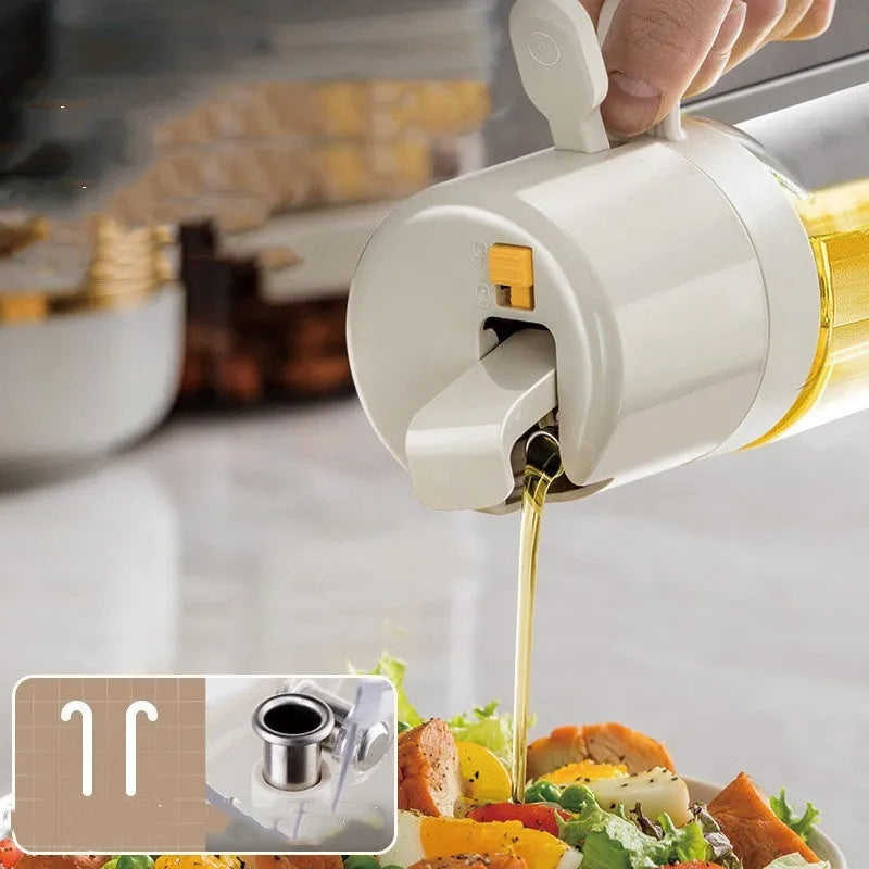 Warm grey glass oil spray bottle with dual-mode switch and automatic tilt-open lid