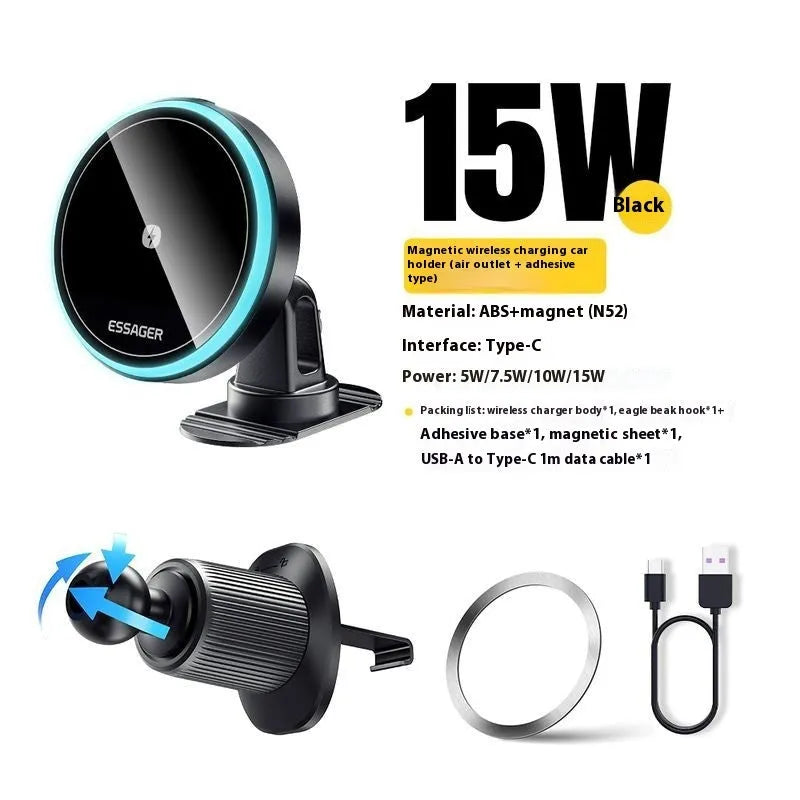 15W magnetic suction wireless car charger bracket with black finish for air vent mounting