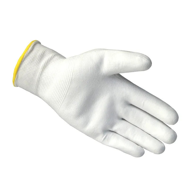 White PU coated labour gloves showing cotton backing and palm coating with 24cm length measurement