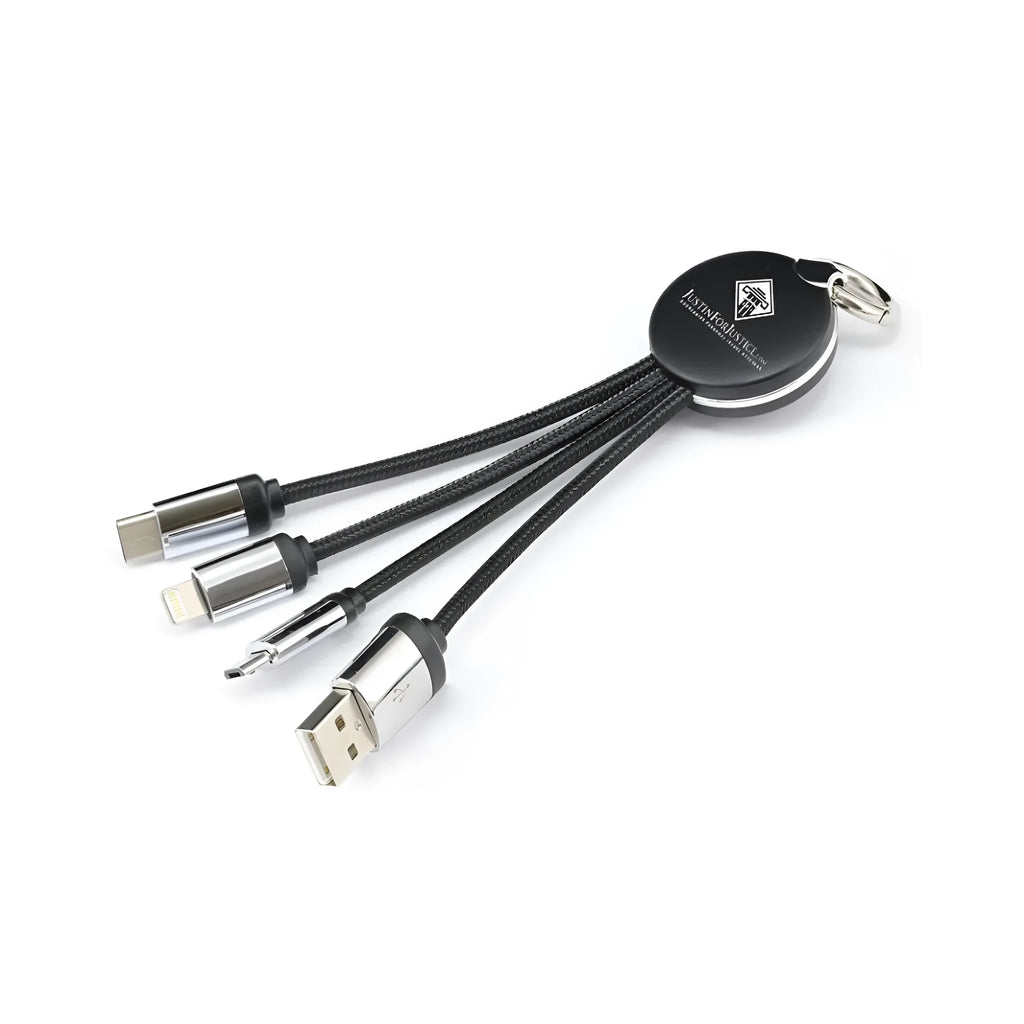 Black universal one-to-three keychain data cable with multiple connectors on a keyring