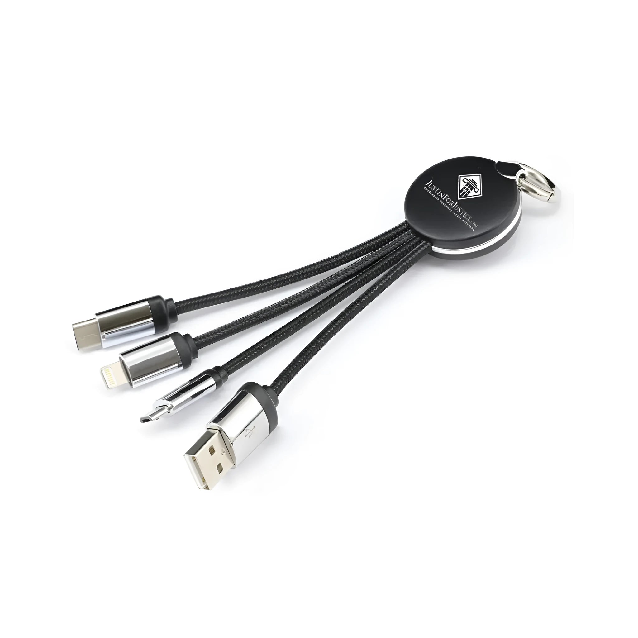 Black universal one-to-three keychain data cable with multiple connectors on a keyring