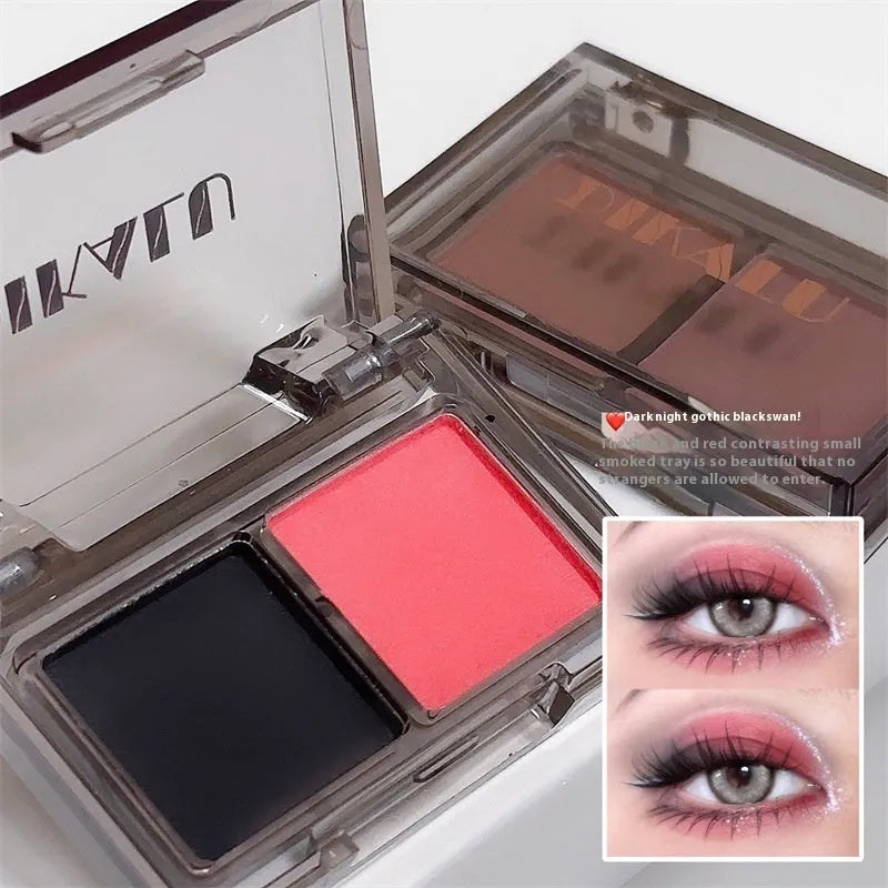 DIKALU two-tone eyeshadow palette showing five colour options: Taro Dumplings, Evening Coffee, Oat Milk Coffee, Dark Night Gothic, and Misty Forest