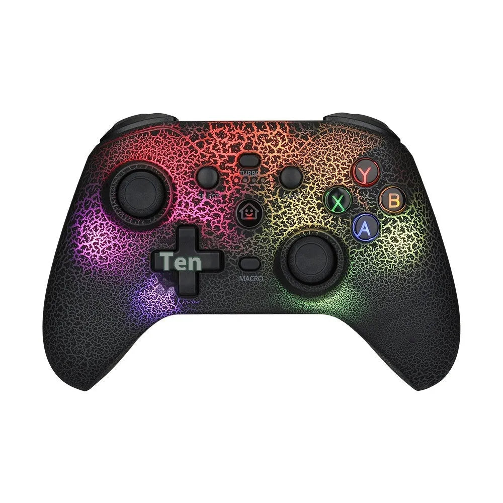 NS21 RGB lamp effect gamepad with Type-C interface, ABS body, 18.2 x 7 x 14 cm, shown in black, pink, and white