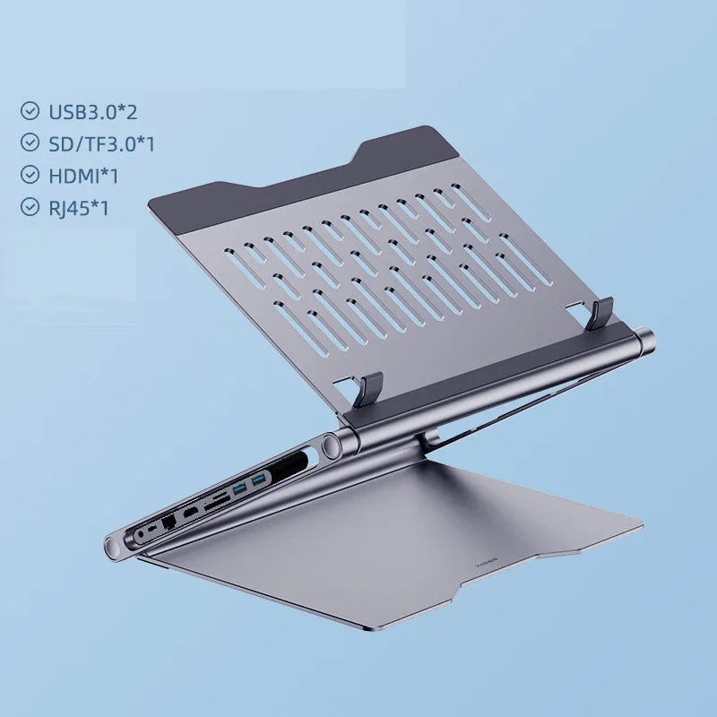 Aluminium alloy laptop stand with 8-in-1 USB-C docking station in deep space grey for notebook desk use