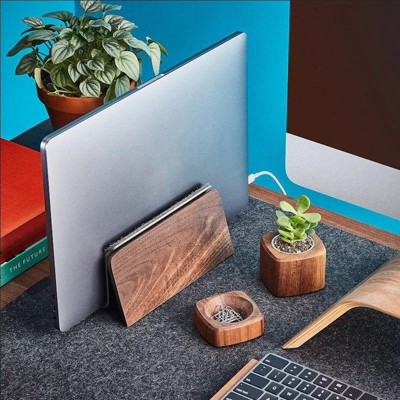 Walnut solid wood laptop stand on desk with universal fit and compact size