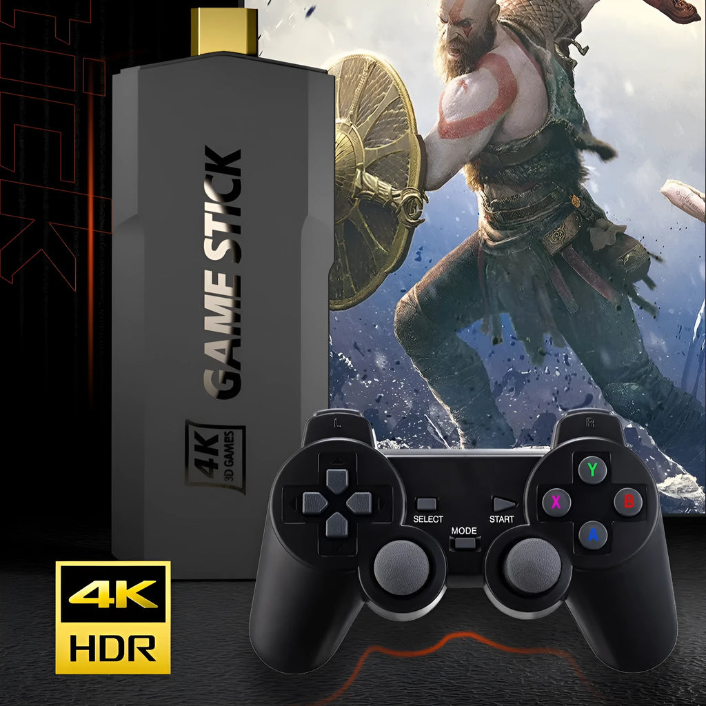 Wireless 4K HD home TV game console with controller, host unit, charging cable and HDMI cable on dark surface