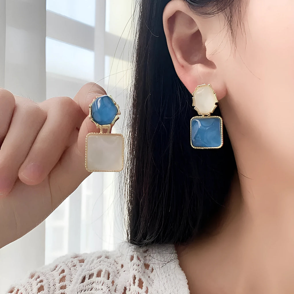 Contrast colour water ripple geometric square earrings in forest green, electroplated alloy, 1.5cm, women's Korean style jewellery
