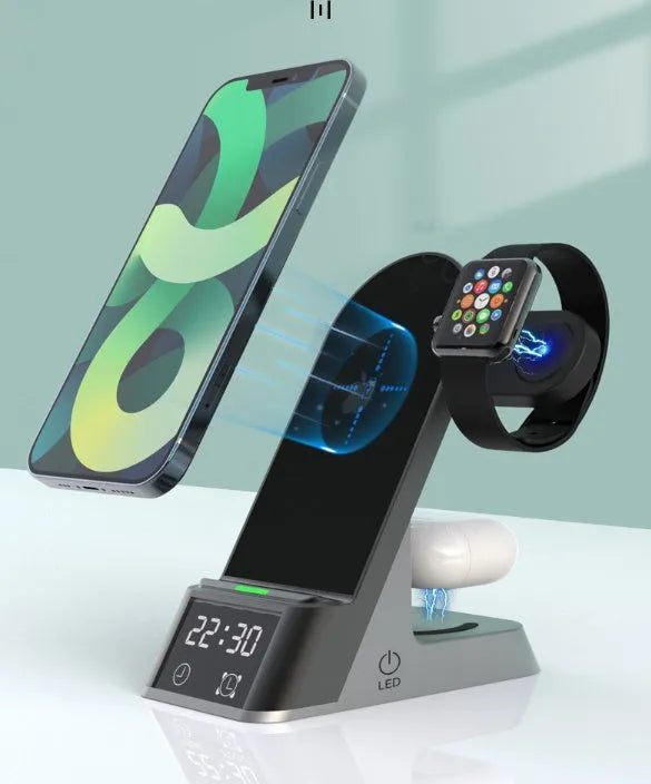 Black multifunctional alarm clock with wireless charging pad, smartwatch dock, and USB port.