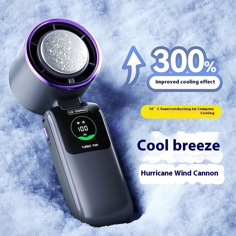 Blue USB rechargeable handheld electric fan with adjustable speed settings and folding design