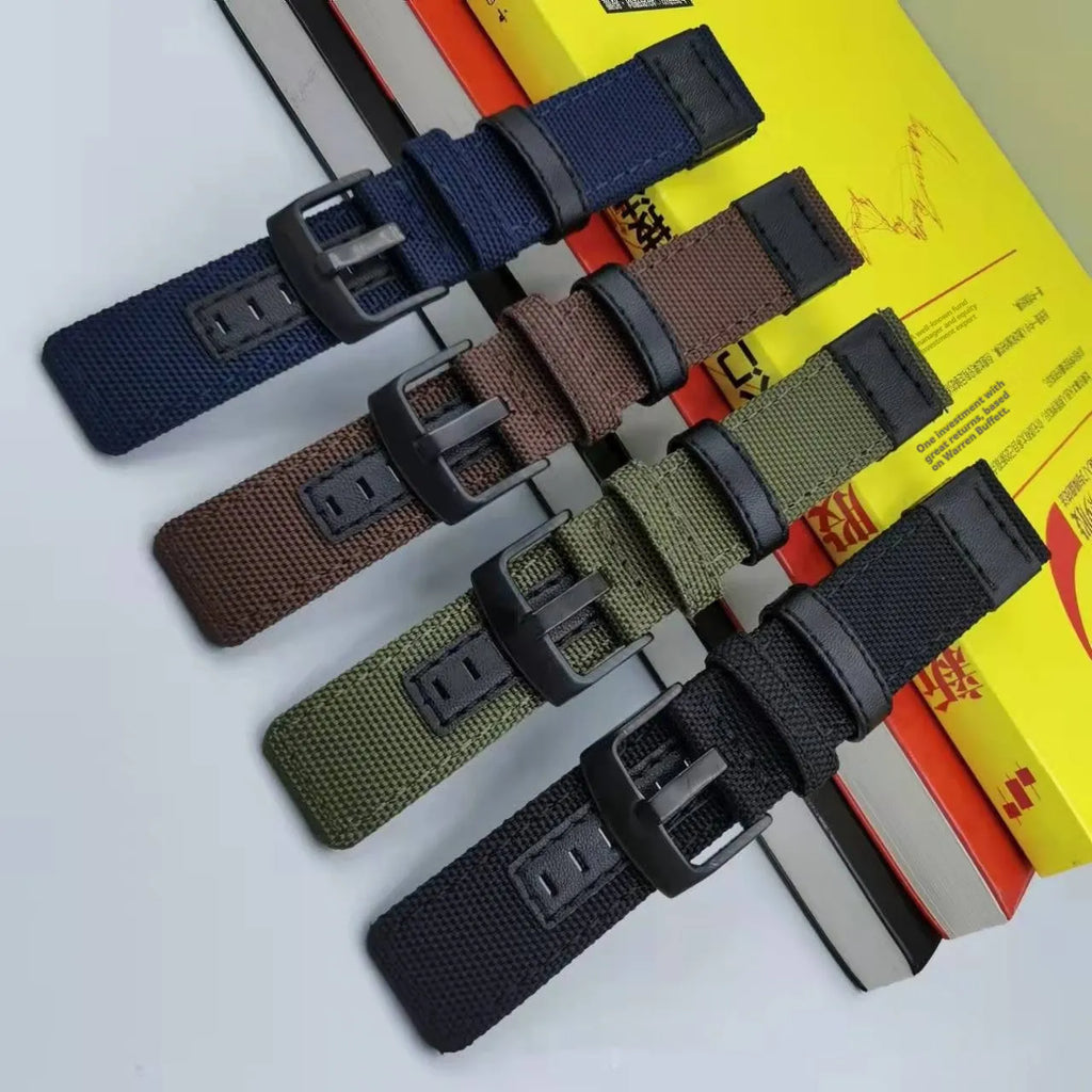 Oxford cloth watch strap in camouflage pattern, showing short and lengthened versions for 22mm width.