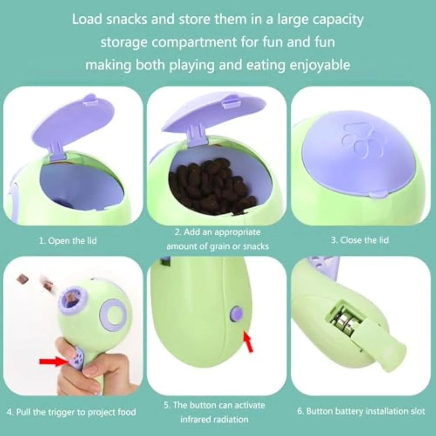 Green, orange, and pink plastic dog treat launcher toy with dispenser for interactive play and training.