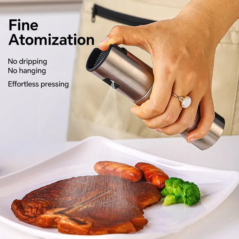 Stainless steel press type oil spray bottle with 100ml glass body and visual scale