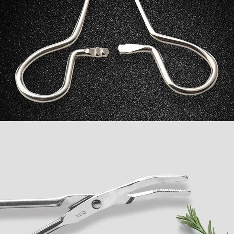 Silver stainless steel pet grooming tweezers with curved tip for ear cleaning and hair removal