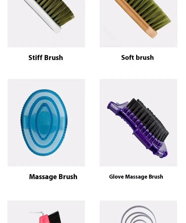 Complete 10-piece horse grooming kit showing brushes, combs, water scraper and storage bag