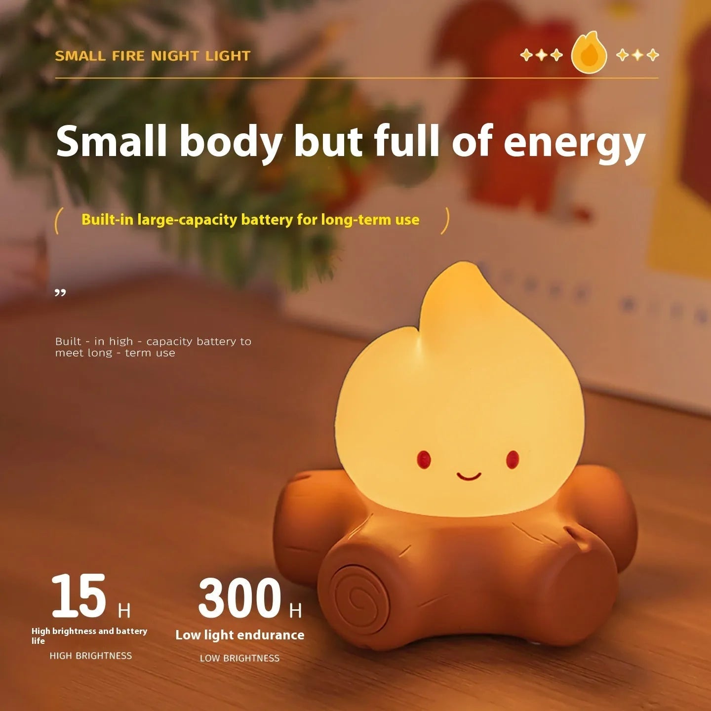 Small silicone fire pile night lamp with cartoon design and yellow light