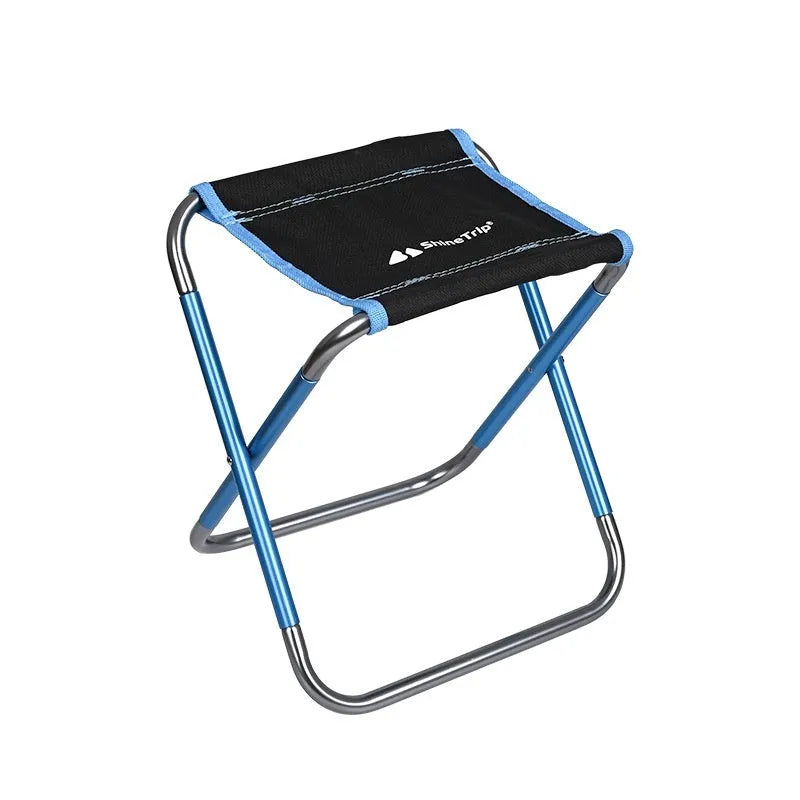 Black national style aluminium alloy folding camp stool shown in open and folded positions.