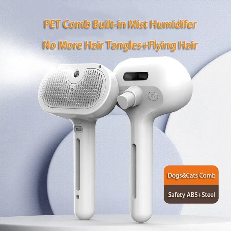 White self-cleaning pet comb with angled bristles and integrated mist humidifier, 20cm long, for dog grooming