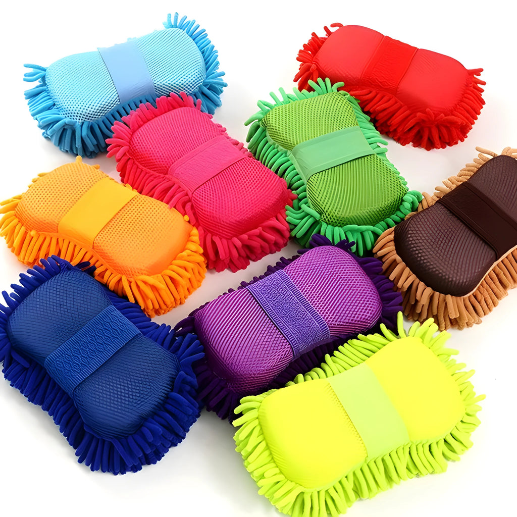 Silver green car wash sponge with chenille microfiber construction measuring 14 by 25 centimetres