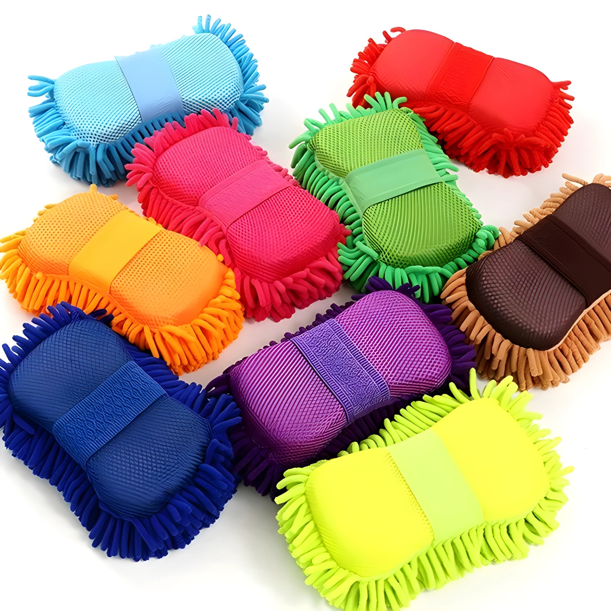 Silver green car wash sponge with chenille microfiber construction measuring 14 by 25 centimetres
