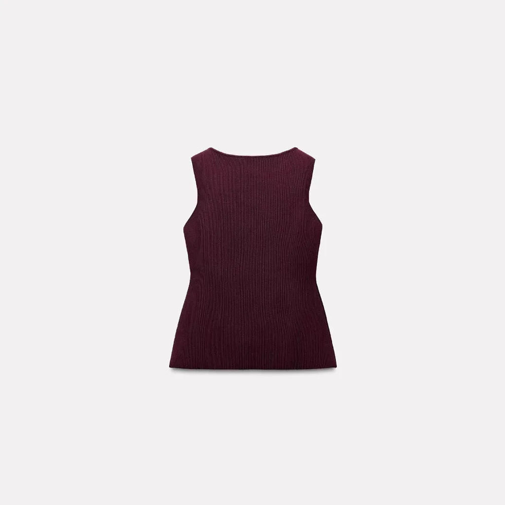 Dark red slim fit sweater vest with gold buttons and 3D patterns, sleeveless cardigan design