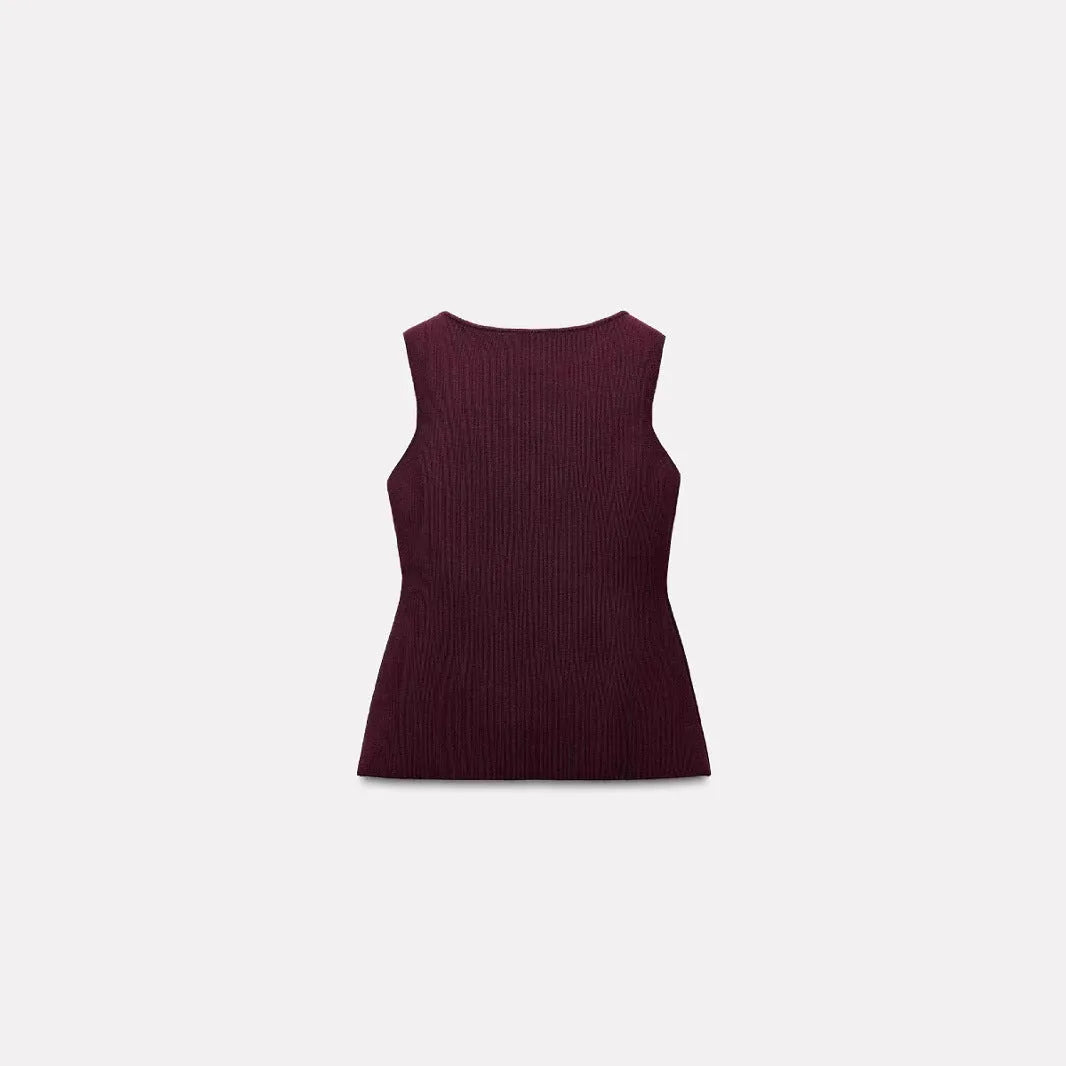 Dark red slim fit sweater vest with gold buttons and 3D patterns, sleeveless cardigan design