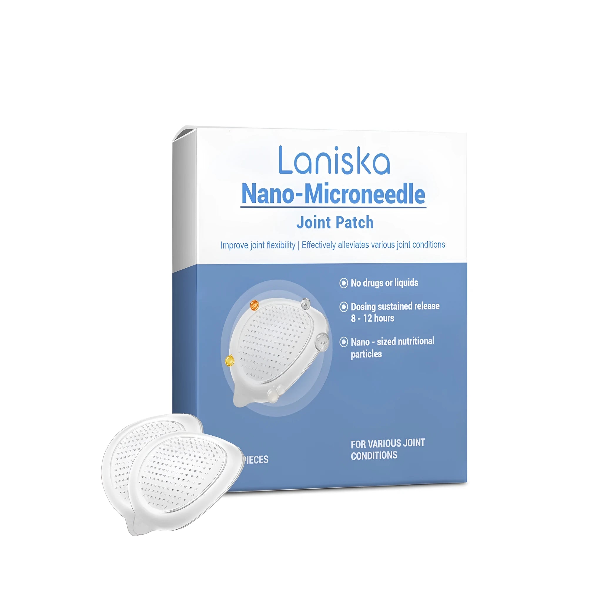 Four nano-microneedle joint patches on adhesive PE backings.