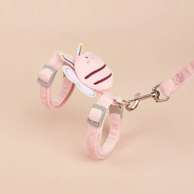 Bee-shaped adjustable cat harness and leash set in blue, pink, or yellow colour.