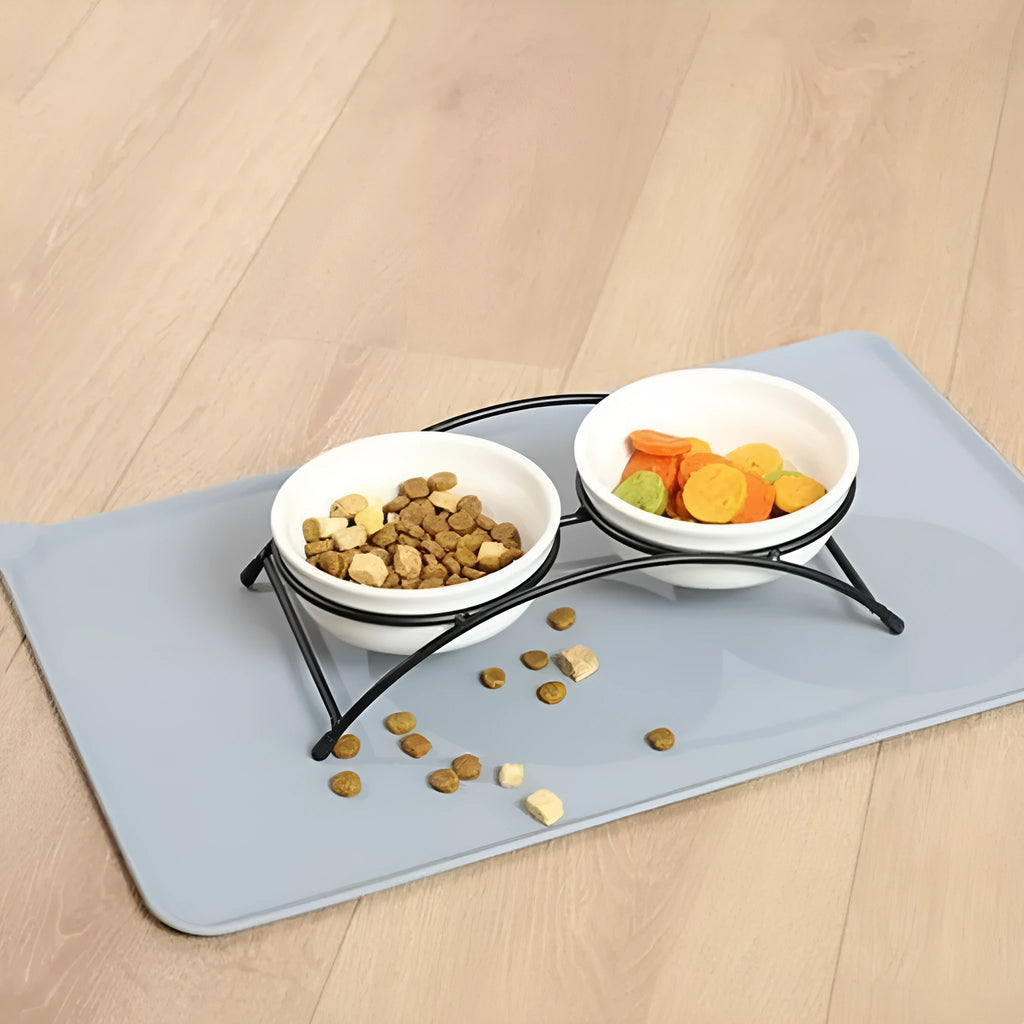 Silicone pet placemat under dog and cat food bowls in multiple colours and sizes