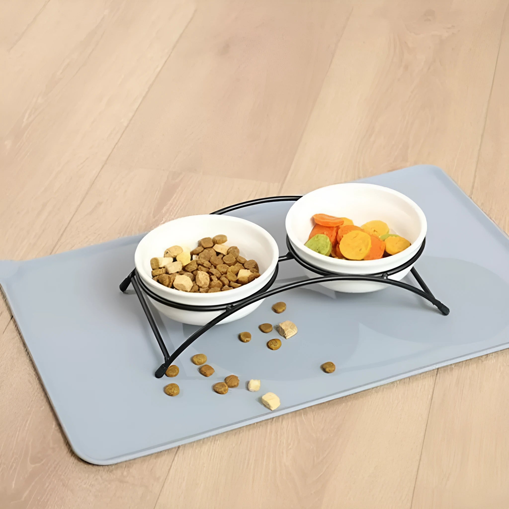 Silicone pet placemat under dog and cat food bowls in multiple colours and sizes