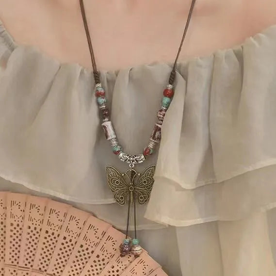 Ceramic butterfly pendant necklace on alloy chain, 31-40cm, sweet insect style, available in blue and white