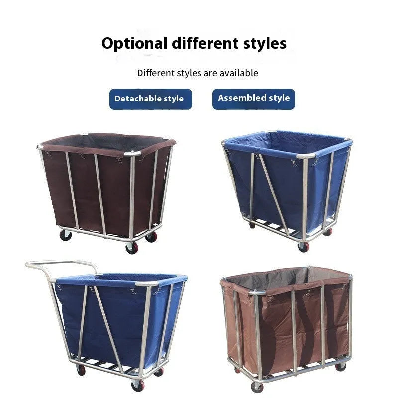 Stainless steel hotel cloth product trolley with blue bag and tubes for linen transport
