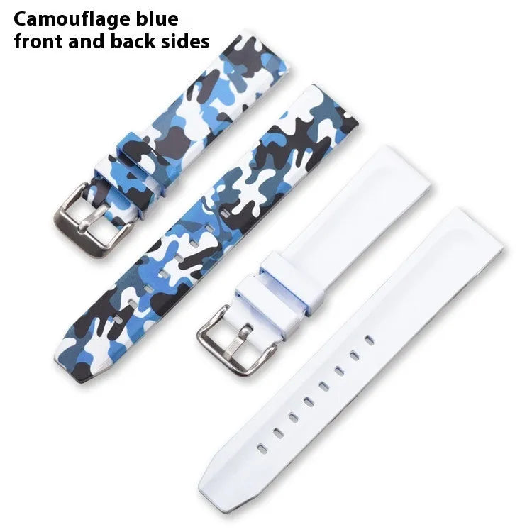 Green, blue, and grey camouflage silicone watch strap showing 20mm, 22mm, and 24mm width options.