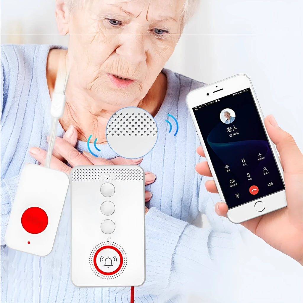 White one-click voice emergency alert device with a central buzzer and three personal call buttons.