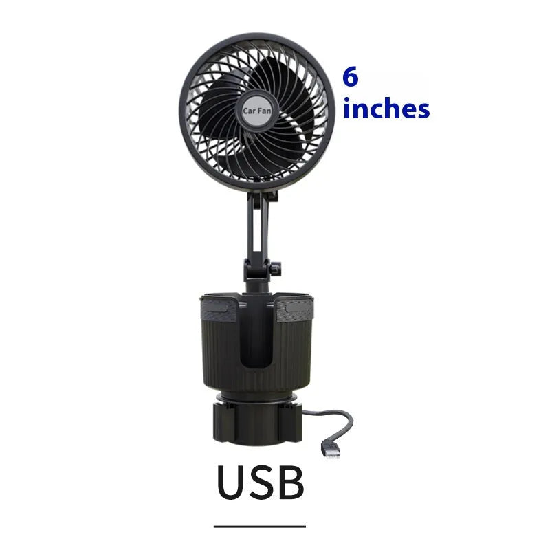 ABS plastic car cup holder fan showing 4-inch and 6-inch size options for 12V, 24V, or USB power.